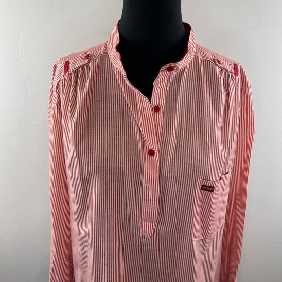 EASSON Red White Striped Long Sleeve Mandarin Collar Pocket Popover Top Blouse - Picture 2 of 8